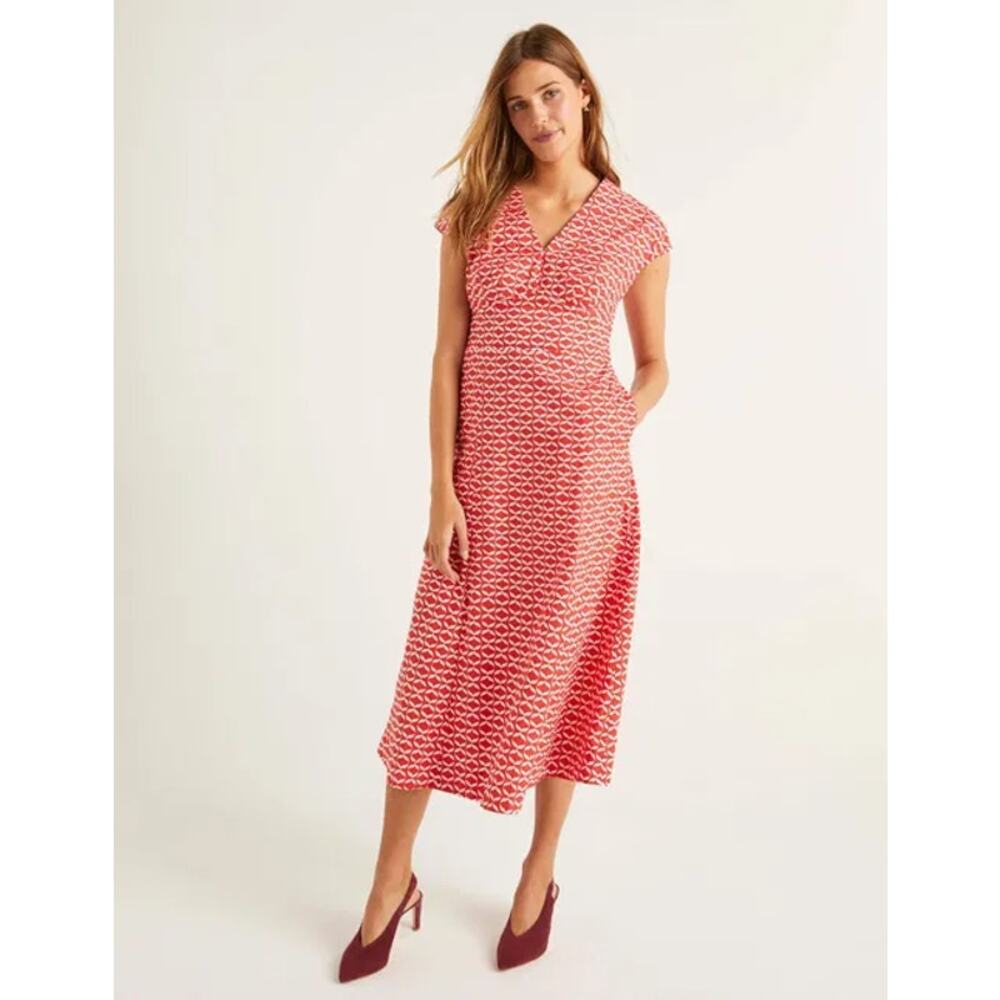 Boden Natasha Cotton Midi Dress Women's 6 Red White Print V-Neck Sleeveless